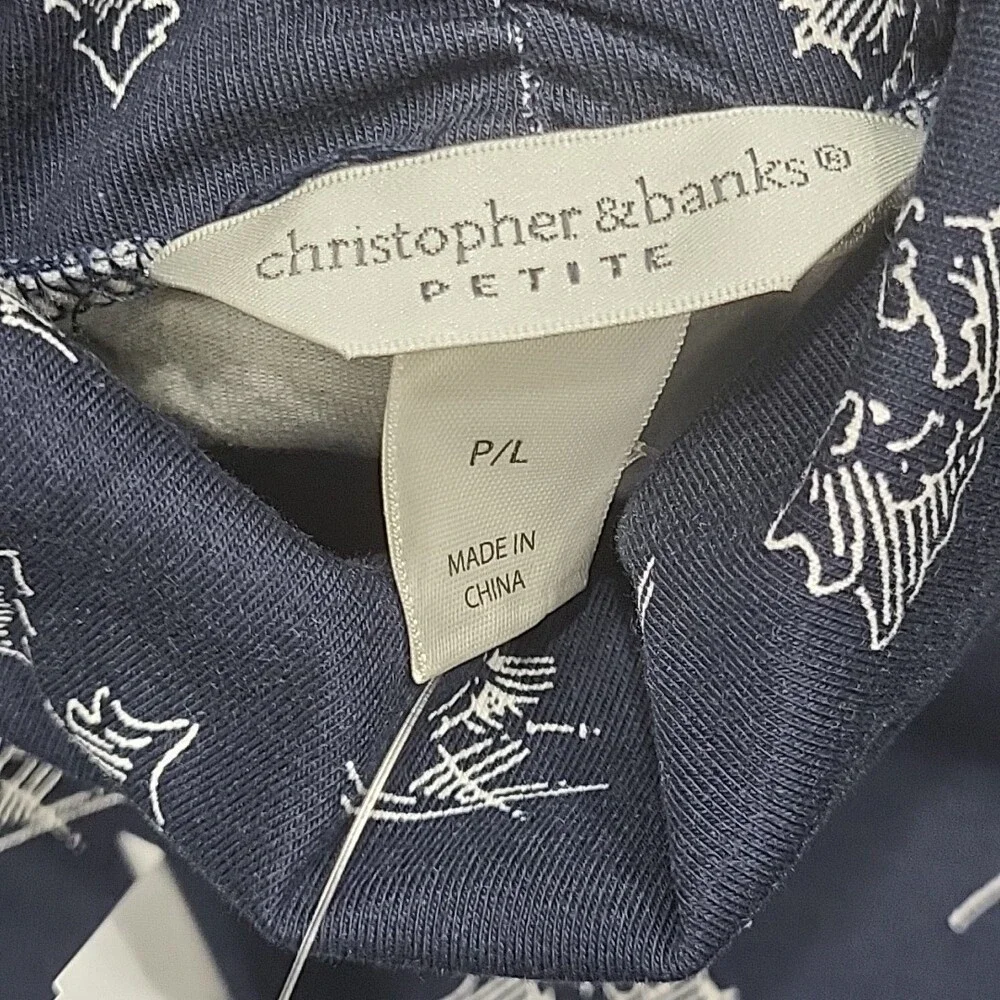 Christopher & Banks Womens Printed Turtleneck Top Petite Large Size Navy Shirt - Picture 7 of 10